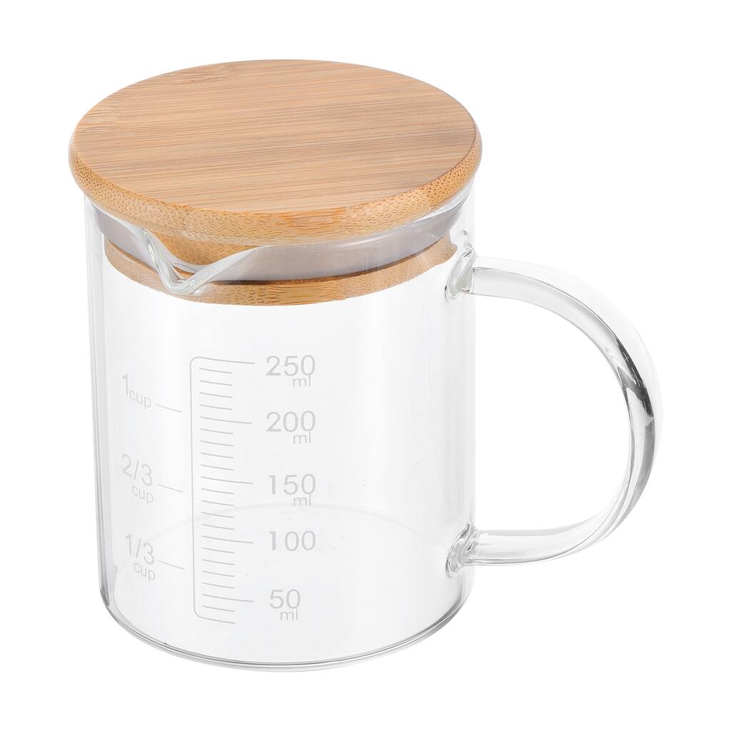 250ml Glass Measuring Cup, 3.3 Borosilicate Glass White Printed with Wood Lid
