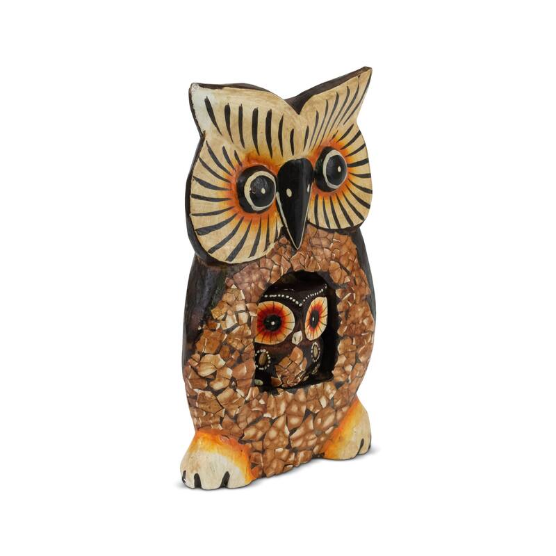 Wooden Handmade Owl Statue with Baby Owl Painted Handcrafted Figurine Decor Sculpture Hand Carved Decorative Decoration Cute