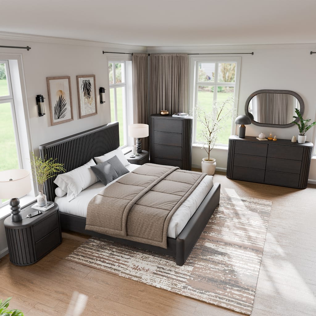 Furniture of America Caelan I Modern 6-Piece Black Solid Wood Fluted Panel Bedroom Set