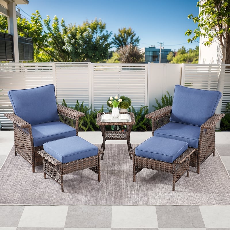 Pocassy Outdoor Swivel Chairs with Sofa Chair Ottoman and Table Set - Brown Wicker Blue Cushion - 5-Piece Patio Chair Ottoman with Side Table