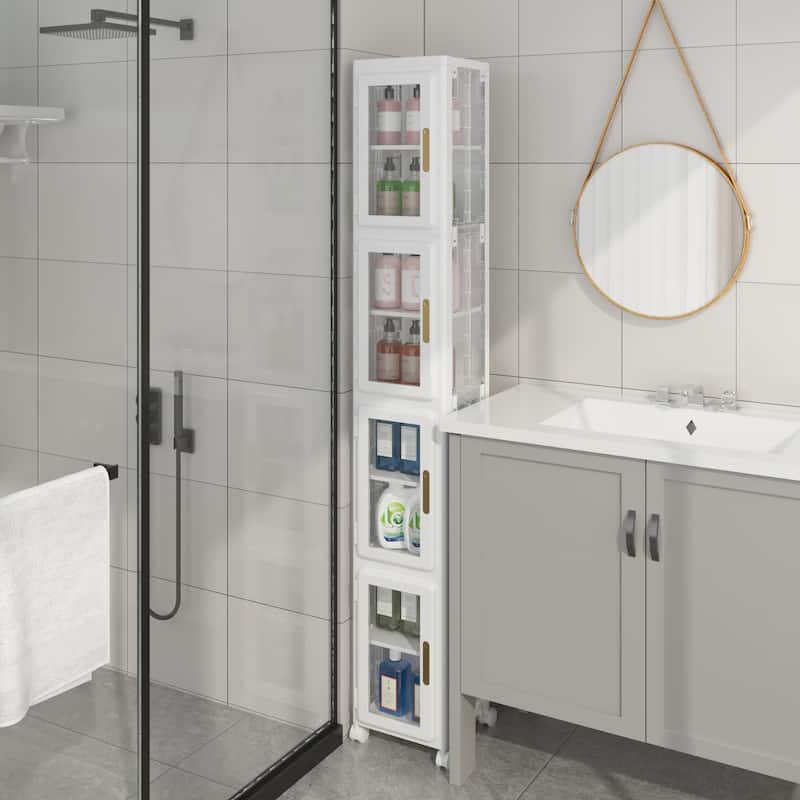 Slim Bathroom Storage Bins Movable Wheels, Tall Narrow Bathroom Storage Cabinet with Transparent Doors and Adjustable Shelf