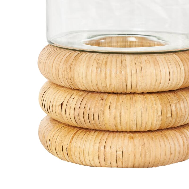 Glass Round Hurricane Lamp with Light Brown Woven Base - Clear - Roche River Decor