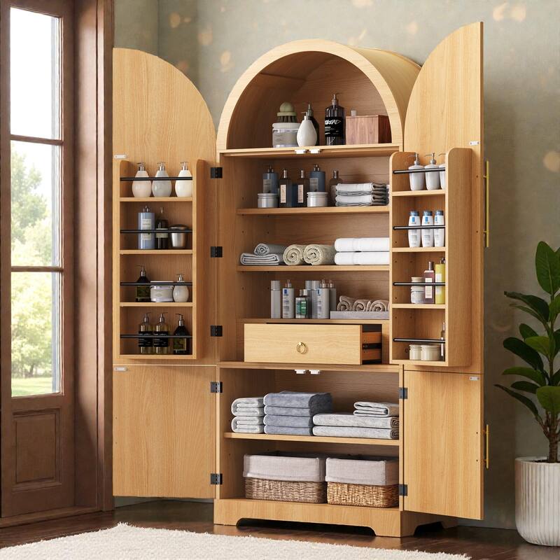 72" Tall Arched Pantry Cabinet with Fluted Doors, 8 Door Shelves, Hidden Drawer and Adjustable Shelves for Kitchen