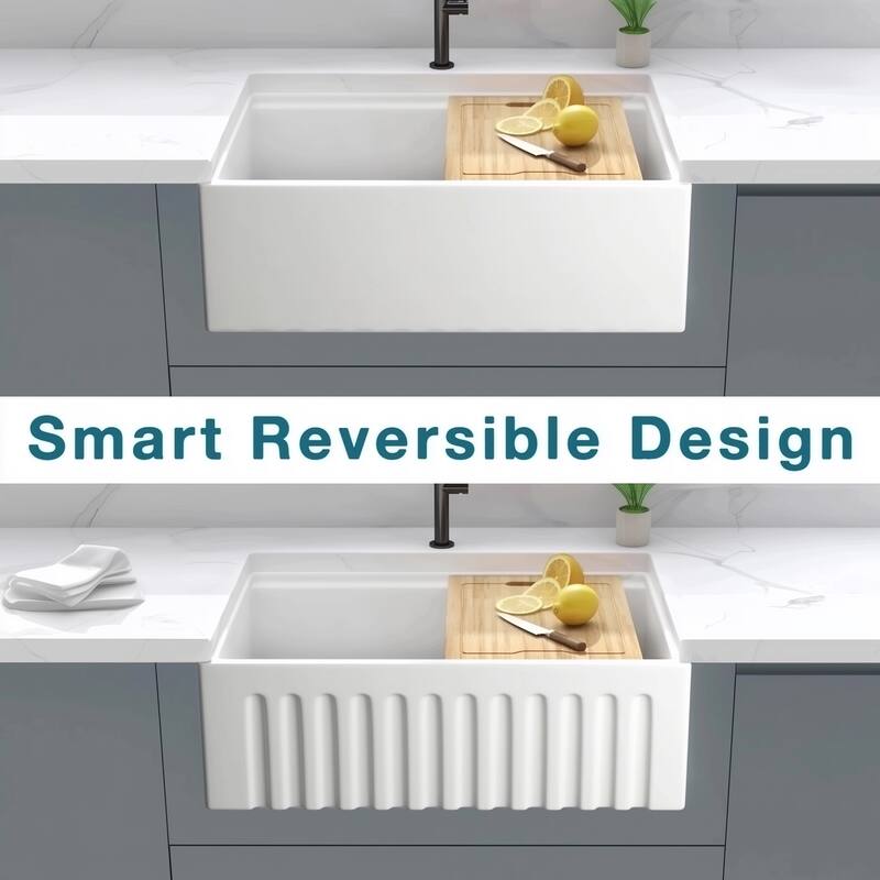 30" Fireclay Farmhouse Sink - Reversible Apron Front, 20" x 10" Deep White Porcelain Workstation Sink with Ledge and Accessories