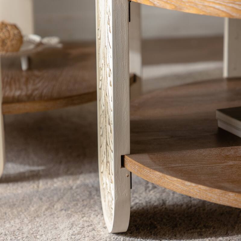 Roomfitters Carved Wood Round Coffee Table, 2-Tier Retro Center Table with Storage Shelf for Living Room, Natural Wood