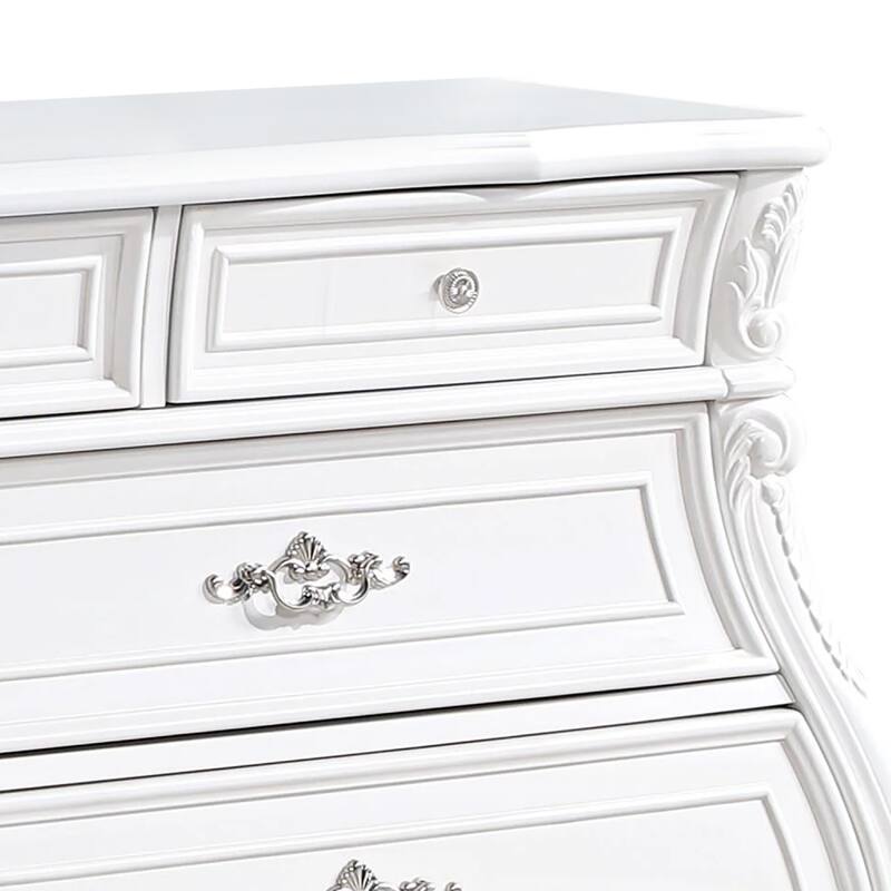 Valena 9 Drawer Wide Dresser, White Solid Wood with Carved Accents