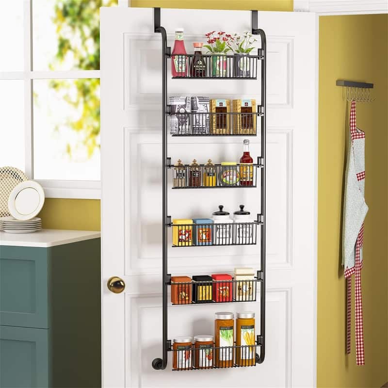 6Tier Over the Door Pantry Organizer HeavyDuty Metal with 6 Baskets - 5.31"D x 16.93"W x 53.15"H - Black 6x4.72"Width Baskets