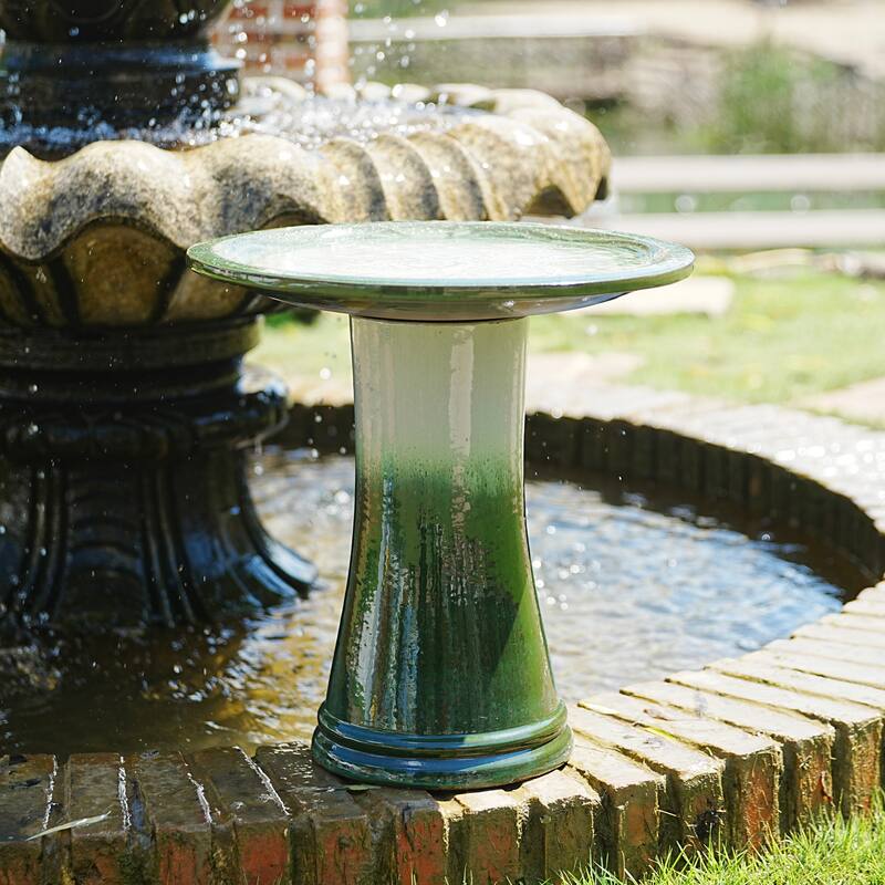 17"Ceramic Bird Bath for Outside, Elegant Tall Outdoor Bird Bath, Lightweight Pedestal Glazed Birdbaths with Swirl Pattern