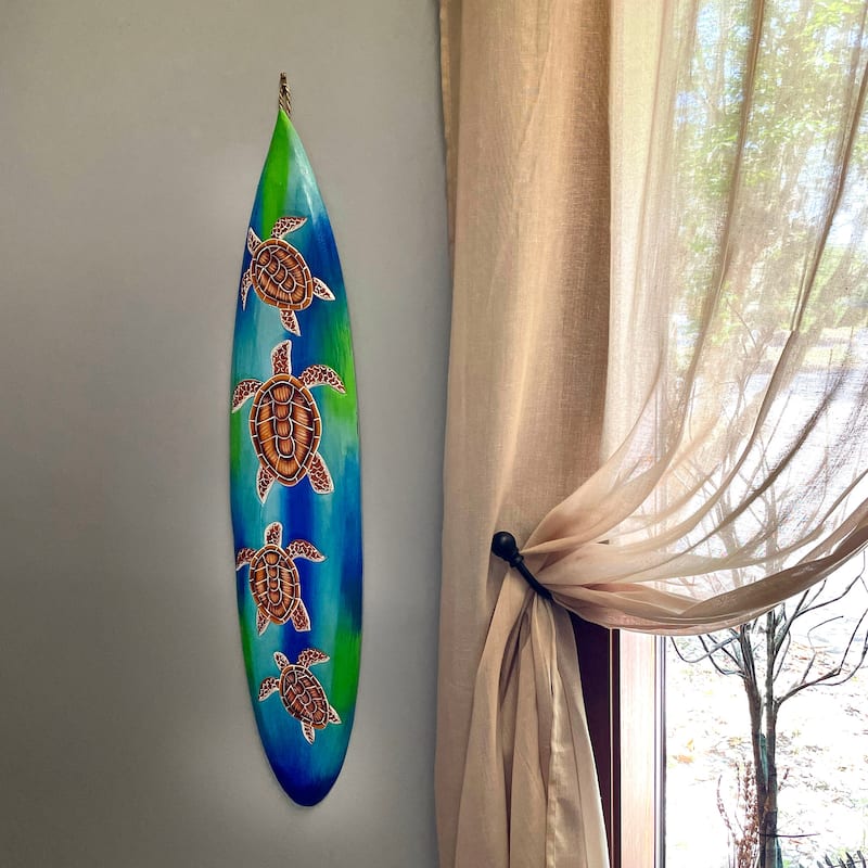 Wooden Sea Turtle Surfboard Wall Decor 38.5" Tropical Ocean Beach Art
