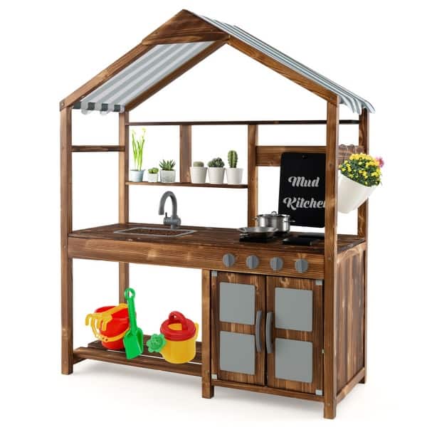 slide 2 of 10, Natural Outdoor Solid Wood Mud Kitchen with Fabric Canopy Ideal Gift for Gifts - 39.5" x 16.5" x 49.5"(L x W x H) Kids
