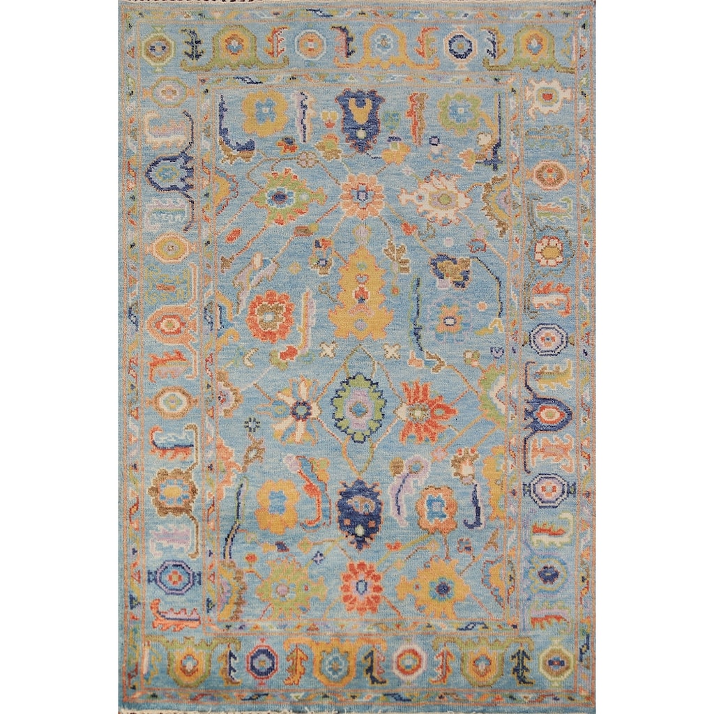 Blue Floral Oushak Oriental Rug Hand-Knotted Wool Carpet - 3'11"x 6'1"