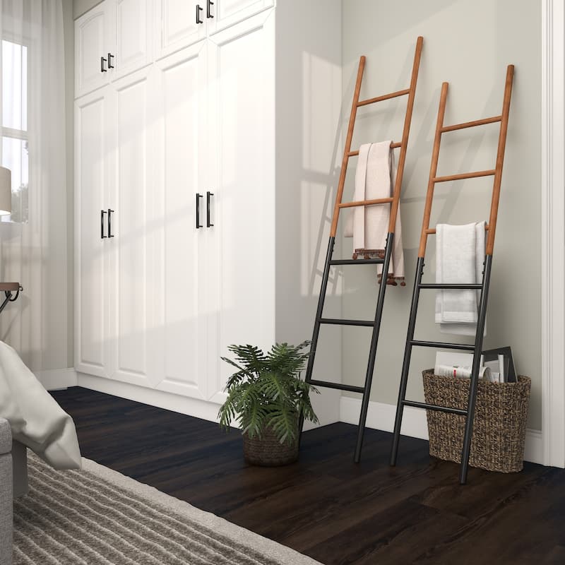 Brown Wood Slim Two-Toned 12 Rug Ladder with Black Metal Bases (Set of 2)