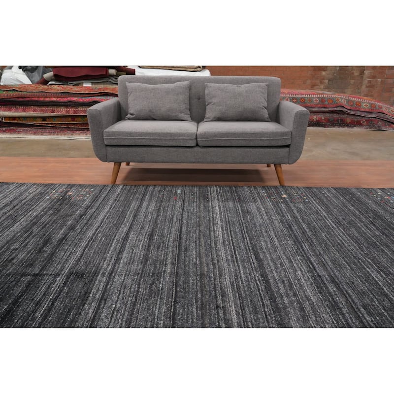 Hand Knotted Oriental Viscose Silk Carpet Tribal Animal Pictorial Greys & Charcoal Gabbeh Area Rug - 11' 7'' X 8' 9''