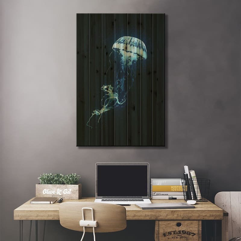 Neon Jellyfish (Blue) Print On Wood by Adam Cousins - Multi-Color