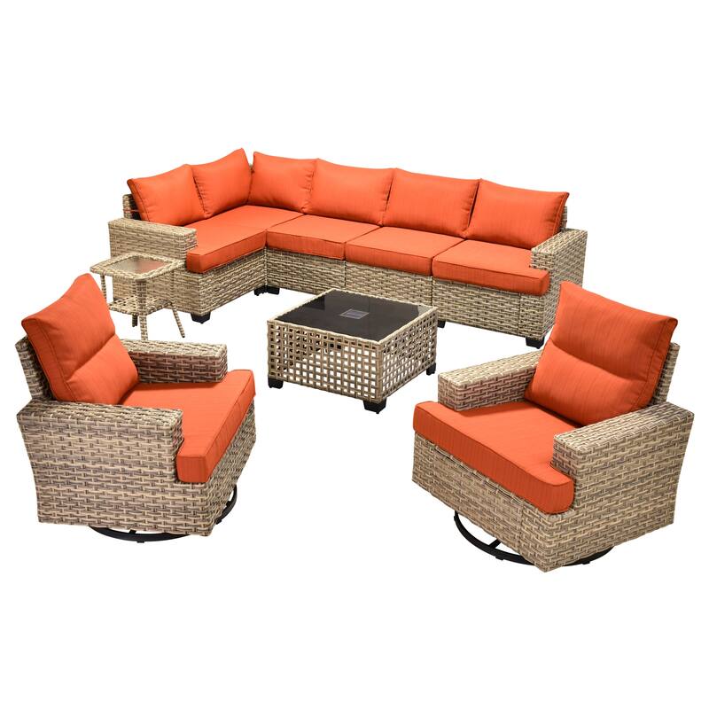 OVIOS 9 Pieces T shaped Seat Wide Armrest Swivel Chair Set With Solar-Powered Table
