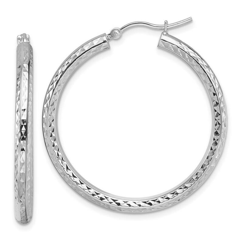 Curata 10k White Gold 3mm Solid Diamond-cut Round Tube Hoop Earrings - 16mm - 35mm