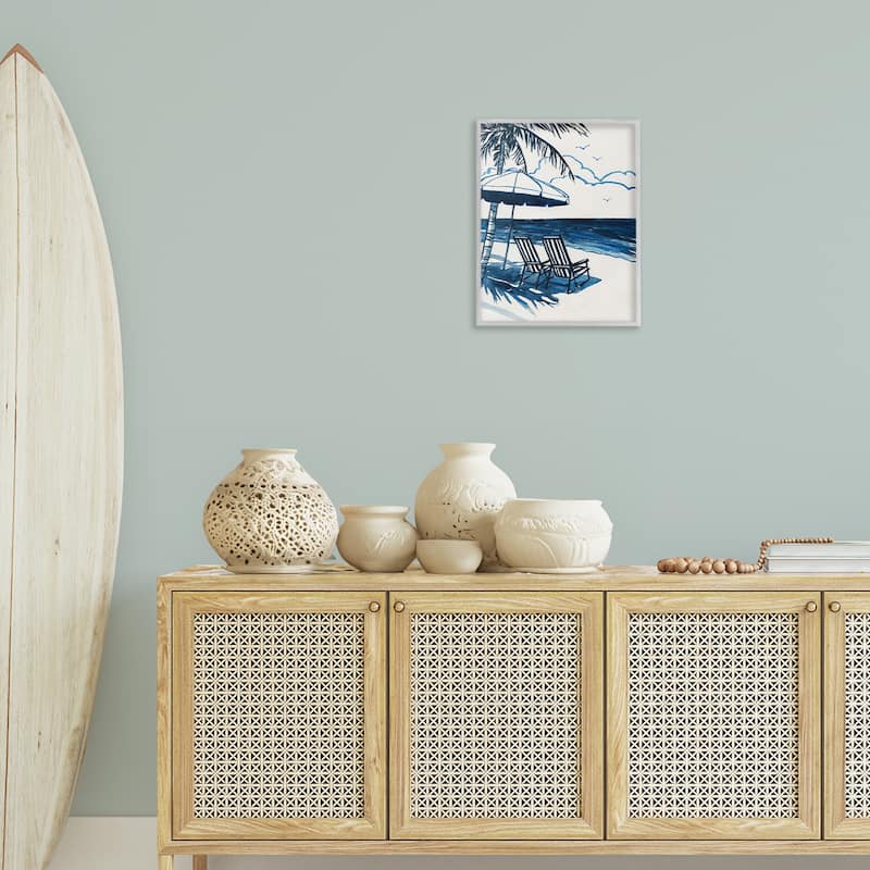 Stupell Blue Toned Tropical Beach Scene Framed Giclee Art Design By Carol Robinson