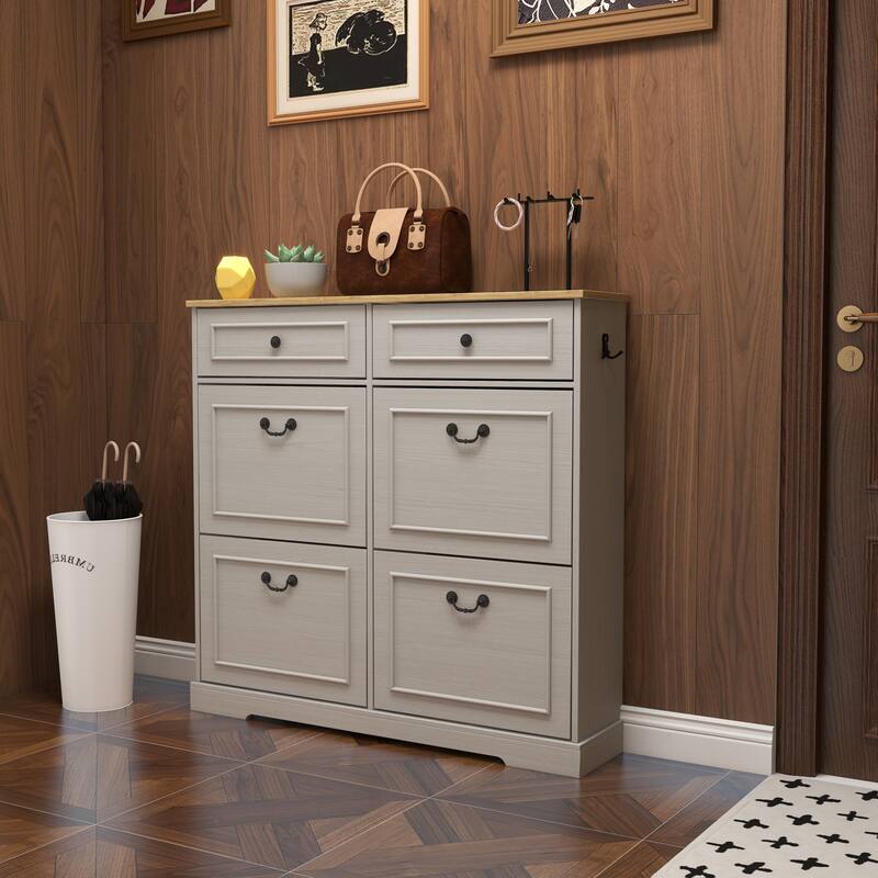 Slim Shoe Cabinet with 2 Drawers & 4 Flip Drawers, Shoe Rack with Adjustable Shelf, Freestanding Shoe Cabinet Organizer