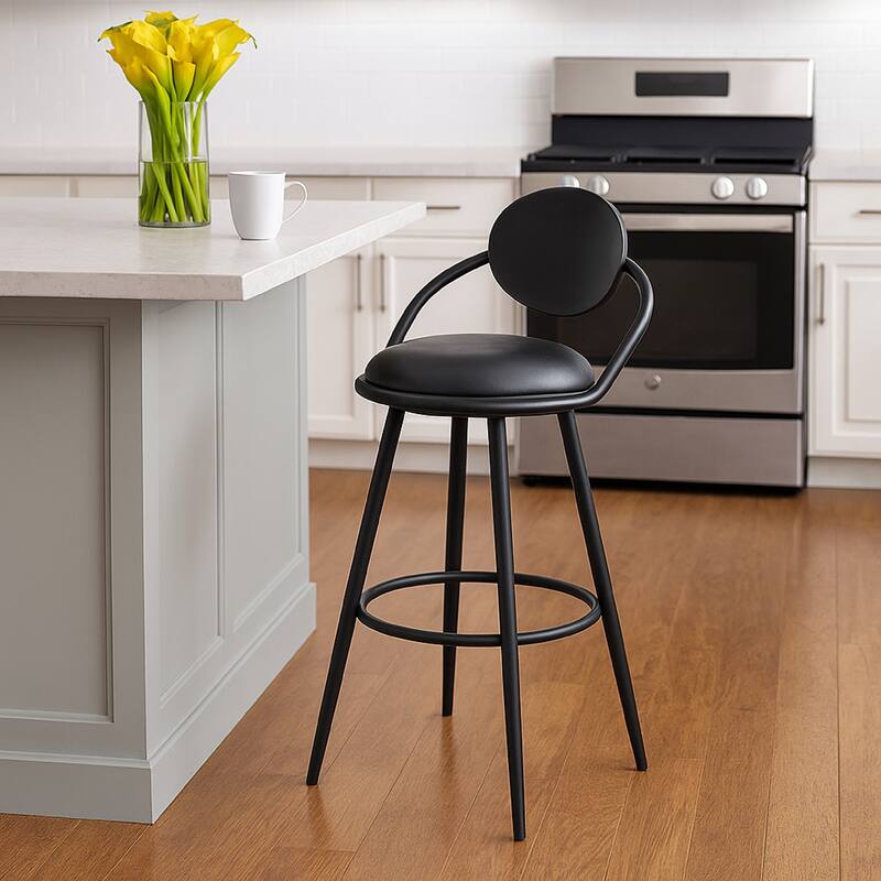 Carny Iron Swivel Counter Stool Chair, Vintage Black Faux Leather