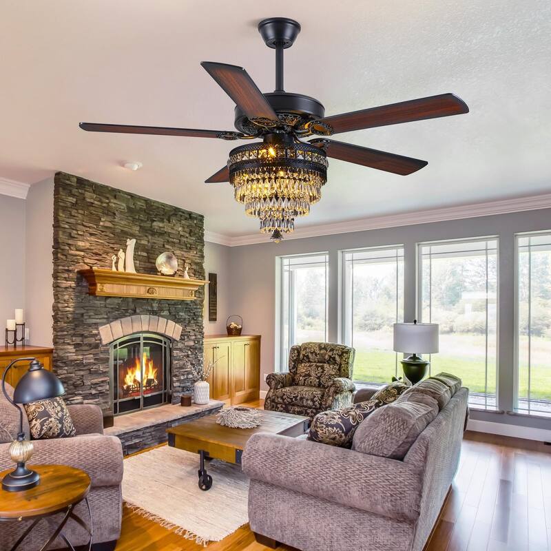 52 Inches AC Motor Crystal Ceiling Fan Fandelier with Lights,For Bedroom,Kitchen,Patio,Remote or Wall Control - 52 Inches