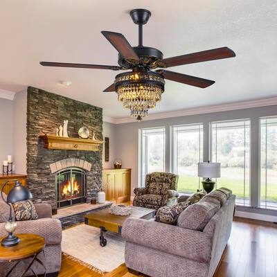 52 Inches AC Motor Crystal Ceiling Fan Fandelier with Lights,For Bedroom,Kitchen,Patio,Remote or Wall Control - 52 Inches