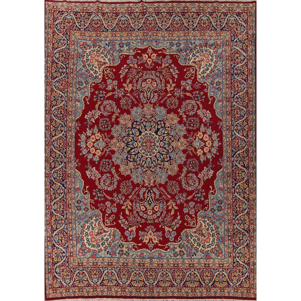 Floral Red Kerman Vintage Persian Area Rug Hand-Knotted Wool Carpet - 9'11" x 13'2"