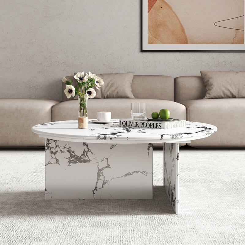 Modern Round Faux Marble Coffee Table, 33.46" Circle Center Table Tea Table for Living Room.
