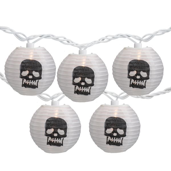 slide 2 of 4, 10ct White Black Skull Paper Lantern Halloween Lights 8.5ft White Wire