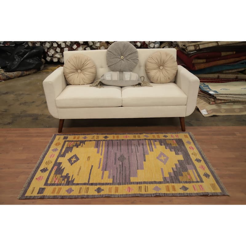 Hand Woven Oriental 100% Wool Carpet Southwestern Tribal Yellow & Gold Kilim Area Rug - 5' 1'' X 3' 3''