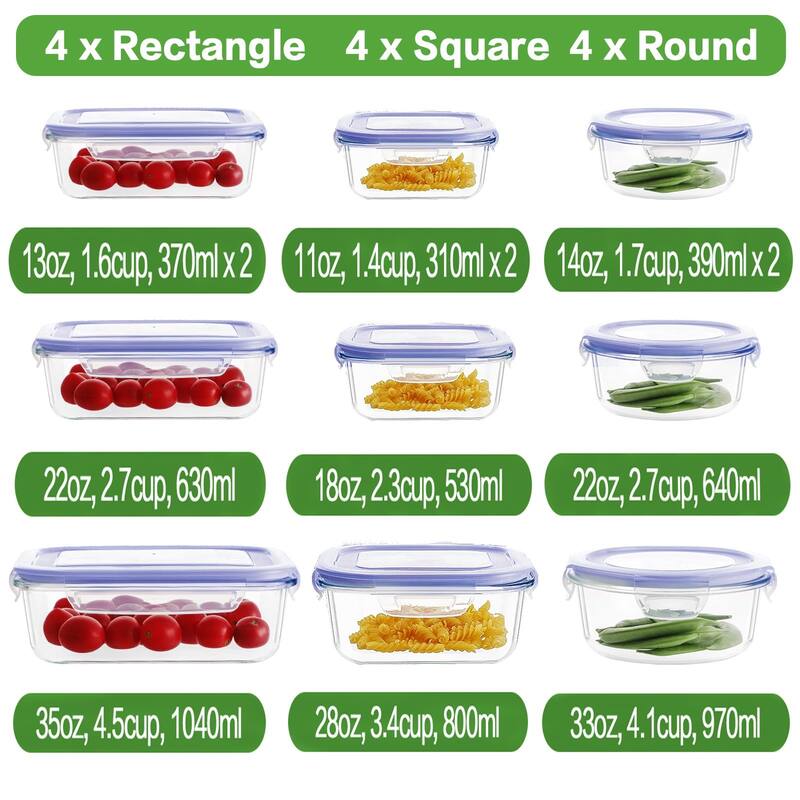 12 Sets Glass Food Storage Containers with Lids, Meal Prep Containers, Airtight Bento Boxes, BPA Free & Leak Proof