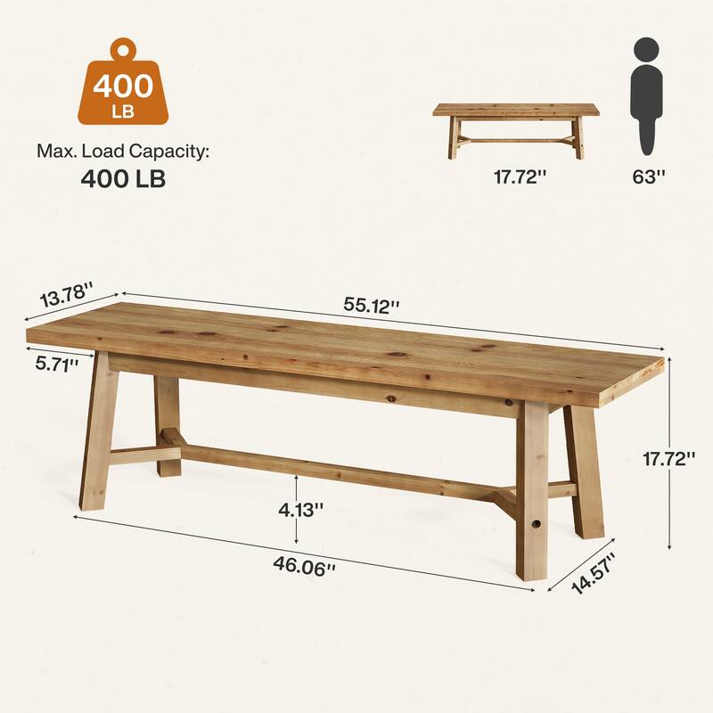 55'' Solid Wood Dining Bench, Farmhouse Long Bench for Kitchen Entryway