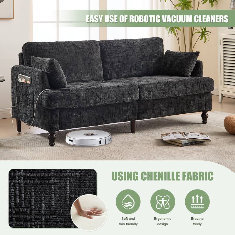 Modern Style Chenille 2-Seater Wood-Legged Sofa With Led Light,USB Charging Port And Storage Bag Living Room Bedroom Study Room
