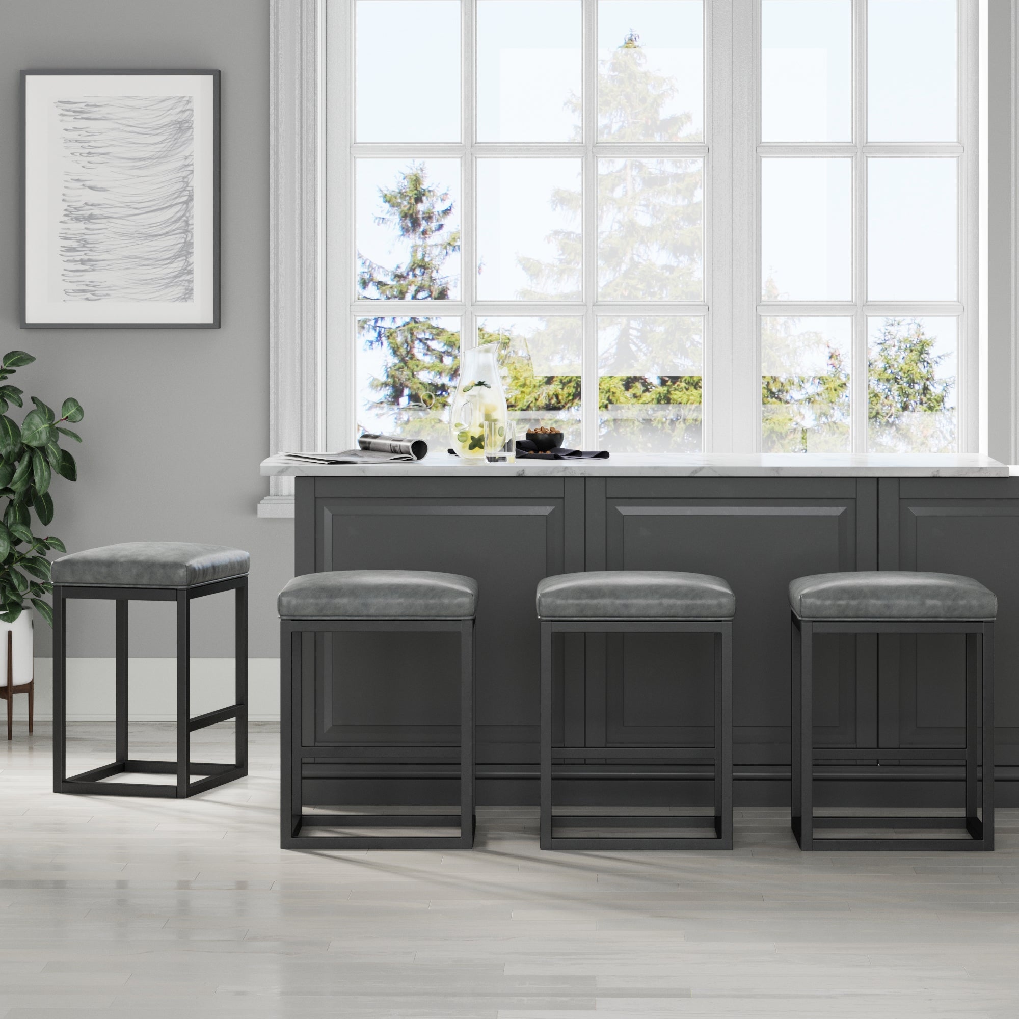 Nathan James Nelson Bar Stool with Leather Cushion and Metal Base