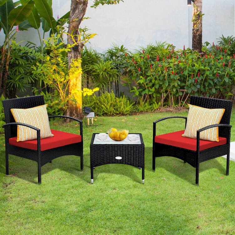3 Pieces Patio Wicker Rattan Furniture Set with Cushion for Lawn Backyard - 19.5" x 19.5" x 15" (L x W x H)