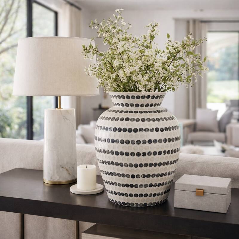 Decorative Vase - Shell Coastal Capiz Dots - Ivory and Blue