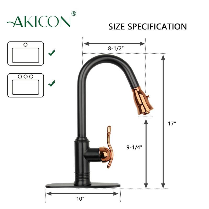 Two-Tone Matte Black & Rose Gold Kitchen Faucet with Deck Plate, Single Level Handle and Pull Down Sprayer