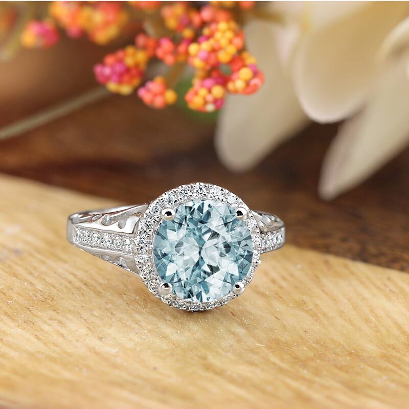 Auriya 1 1/2ct Fancy Round Aquamarine and Halo Diamond Engagement Ring 1/5ctw 14k Gold