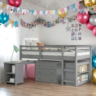 Low Study Twin Loft Bed with Cabinet and Rolling Portable Desk, White