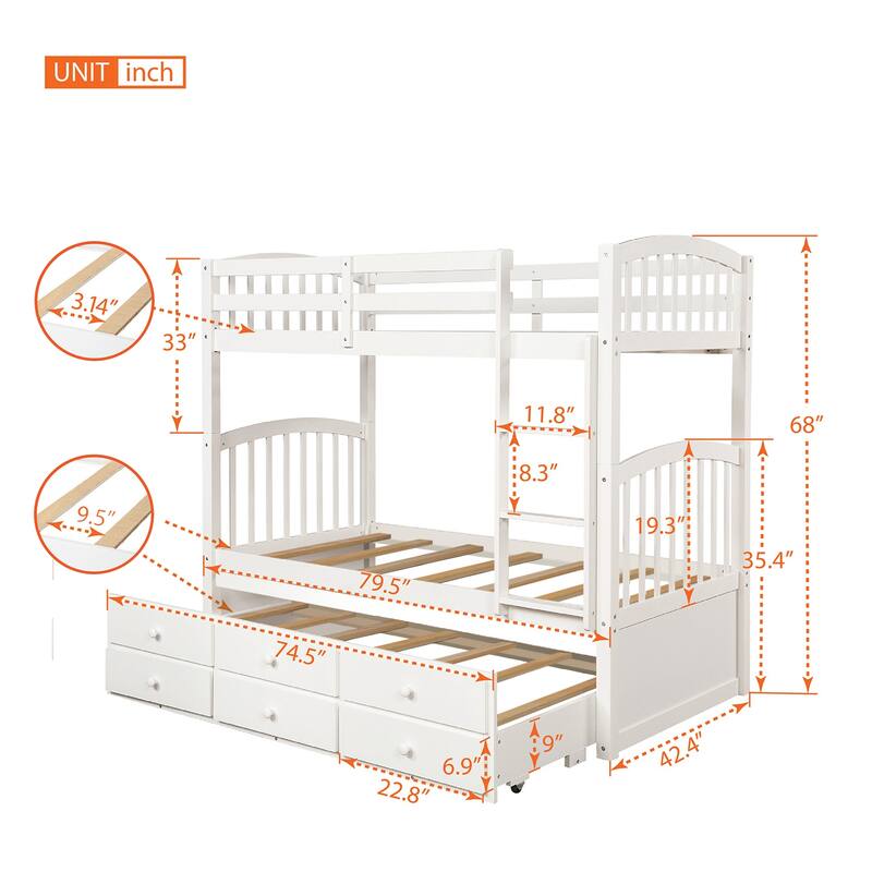 Convertible Twin Bunk Bed with Trundle, Safety Rails, and 3 Drawers