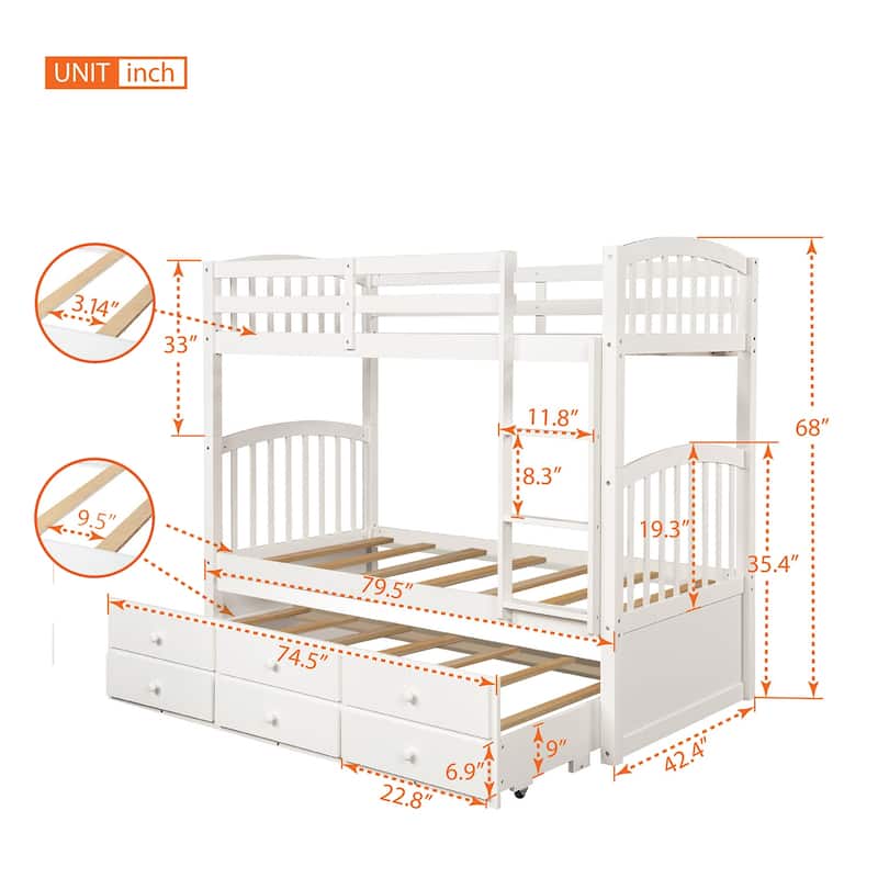 Twin Over Twin Bunk Bed with Trundle and 3 Drawers, Wooden Bunk Bed with Ladder and Safety Rails, Space Saving