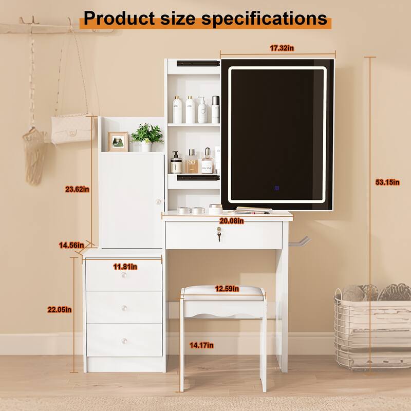 White Vanity Desk Set with Sliding LED Lighted Mirror, Makeup Dressing Table with Padded Stool