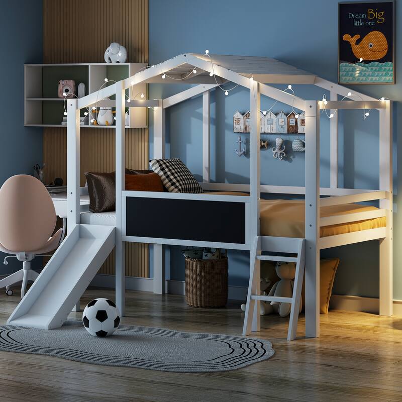 Twin Loft Bed with Slide, Ladder, Blackboard, and Light Strip, White and Gray