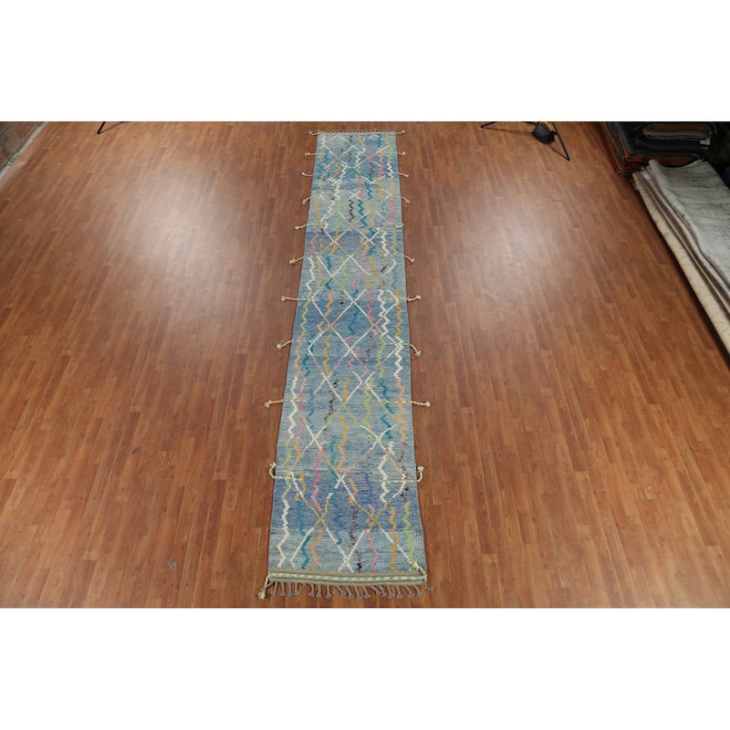 Contemporary Blue Moroccan Runner Rug Hand-Knotted Wool Carpet - 2'10"x 16'1"