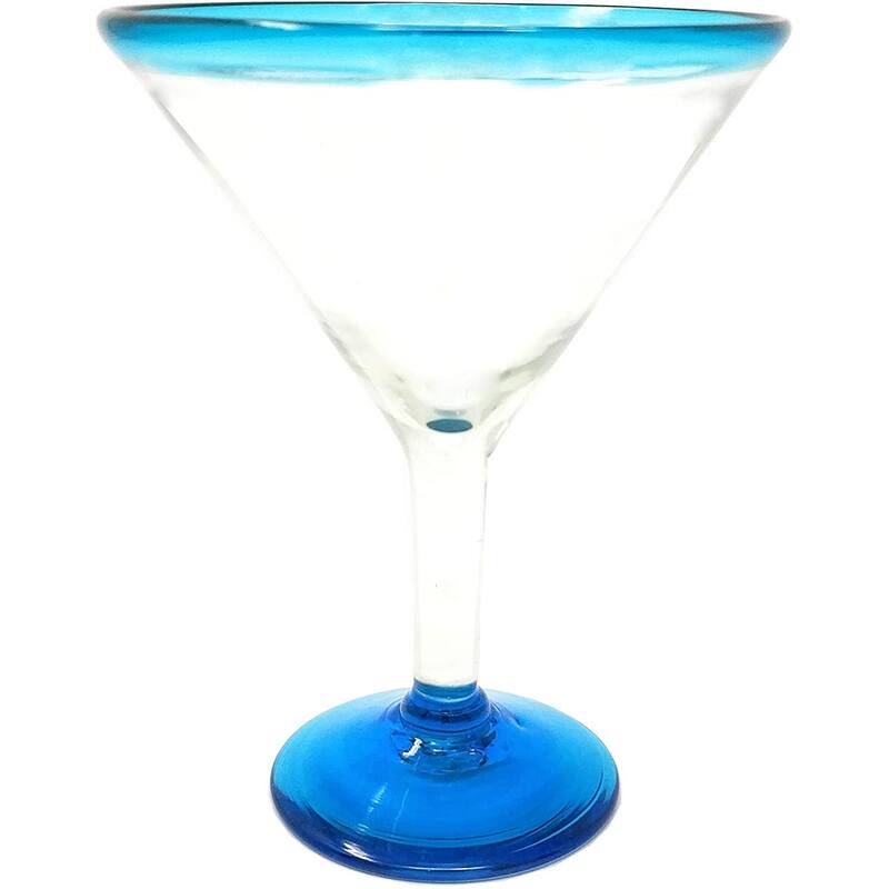 Dos Suenos Mexican Hand Blown Glass - Set of 4 Hand Blown Modern Margarita Glasses - Aqua Rim (12 oz)