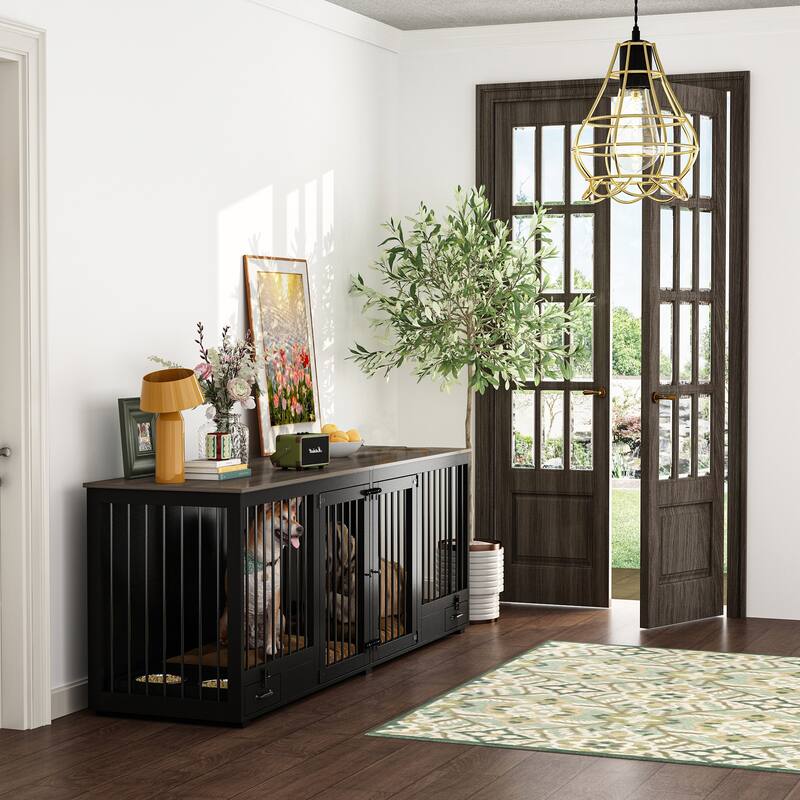 Dog Kennel with Bowls Drawers Divider Dog Crate for 1 Dog or 2 Dogs