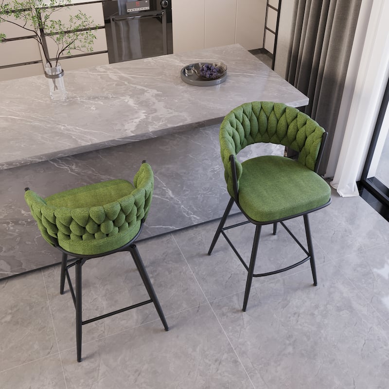 Set of 2 Woven Swivel Bar Stools with 360 Degree Seat and Sturdy Metal Frame for Kitchen Island