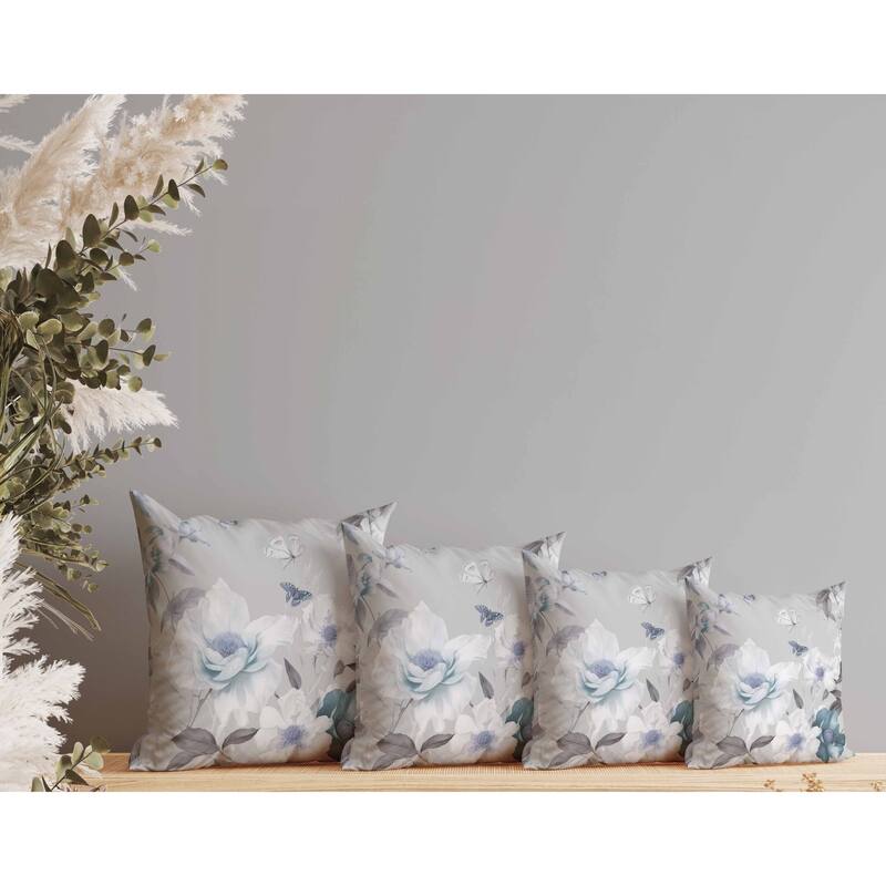 Leafy Lepidoptera Medley Faux Suede Reversible Throw Pillow Grey and Blue