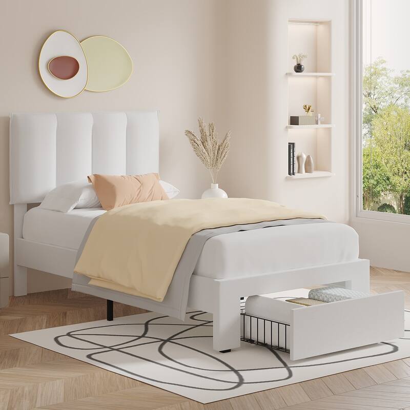 White Bed Frame with 4 Storage Drawers, Upholstered Platform Bed Frame with Adjustable Headboard