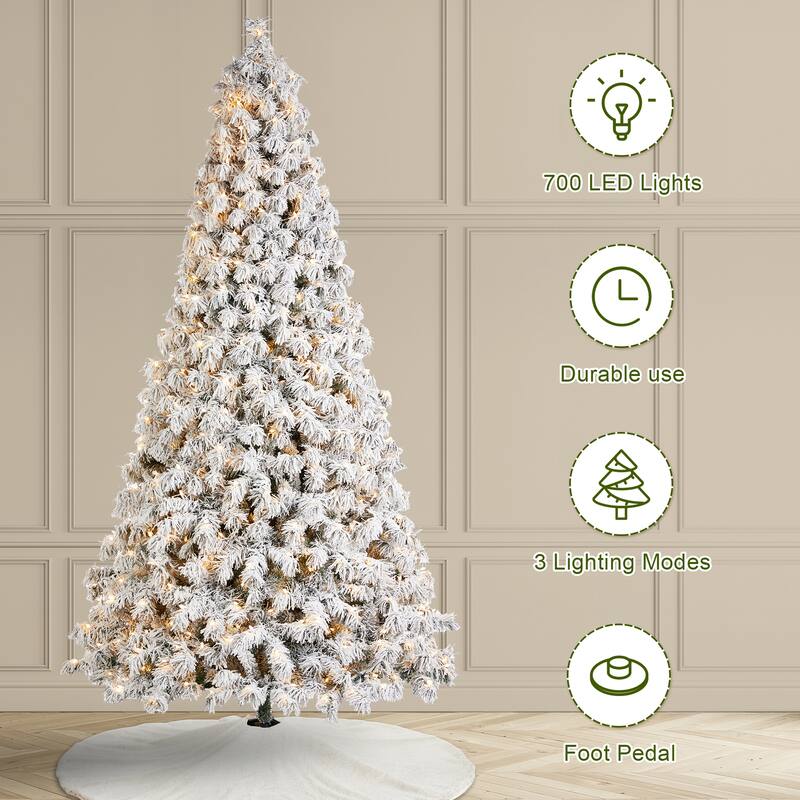 Glitzhome 7.5ft/9ft Pre-Lit Flocked Full Spruce Artificial Christmas Tree with C3 Lights Foot Switch