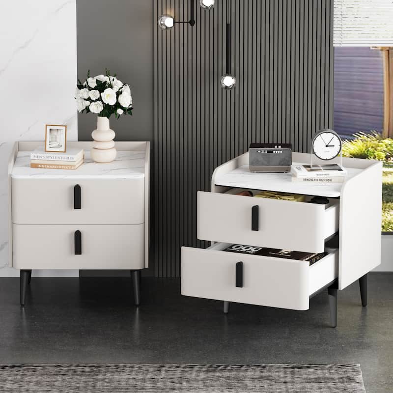 Nightstands Set of 2, Night Stand with 2 Drawers and Marble-Pattern Tabletop, Modern Beside Table for Bedroom - White
